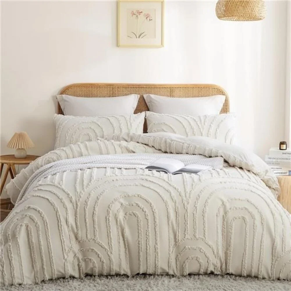 NEW Anthro Beige Boho Queen Size Rainbow Tufted Abstract Bedding Duvet Sham Set